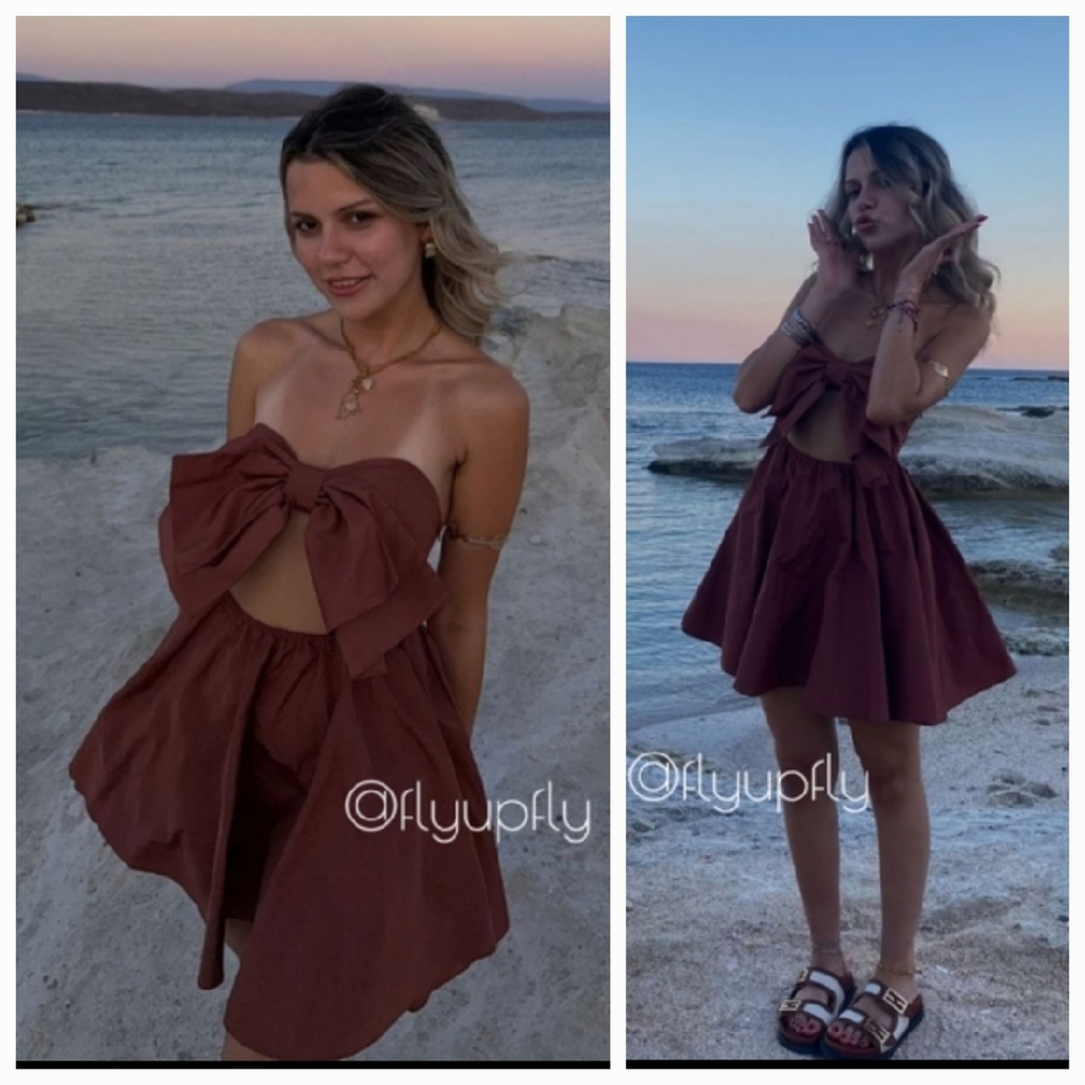 Zara * Bow Mini Dress Brown Size L - Picture 13 of 16